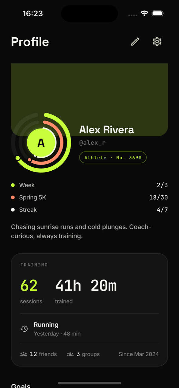 Sweatr profile screen: progress, goals and training stats for Alex Rivera